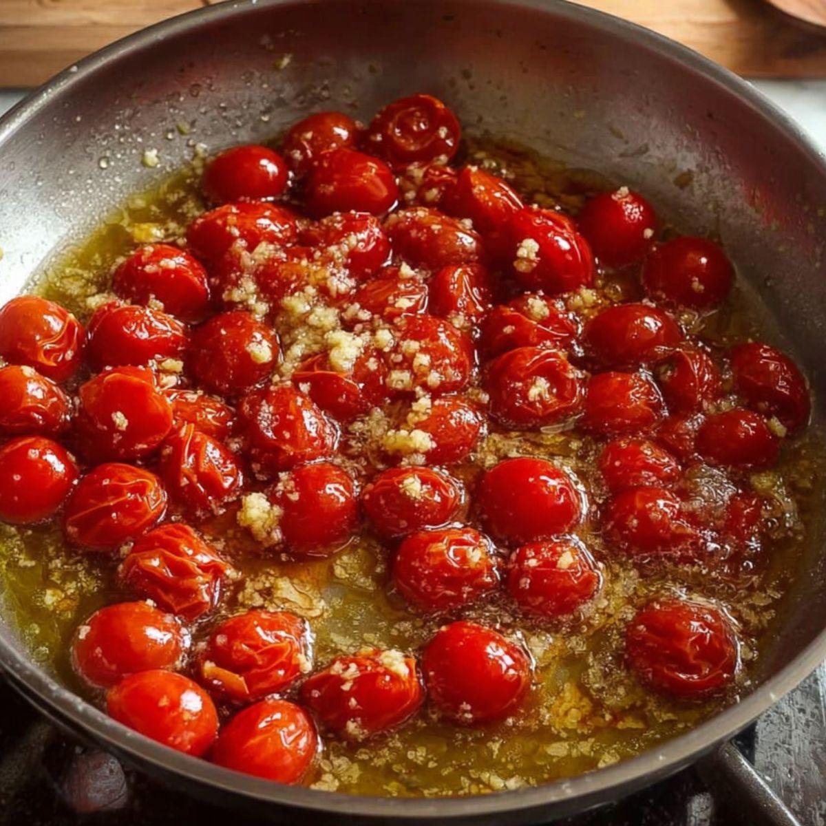 Best Mediterranean Cod Recipe 11 Halved cherry tomatoes simmering in a shallow pan with oil and minced garlic, starting to release their juices and soften.