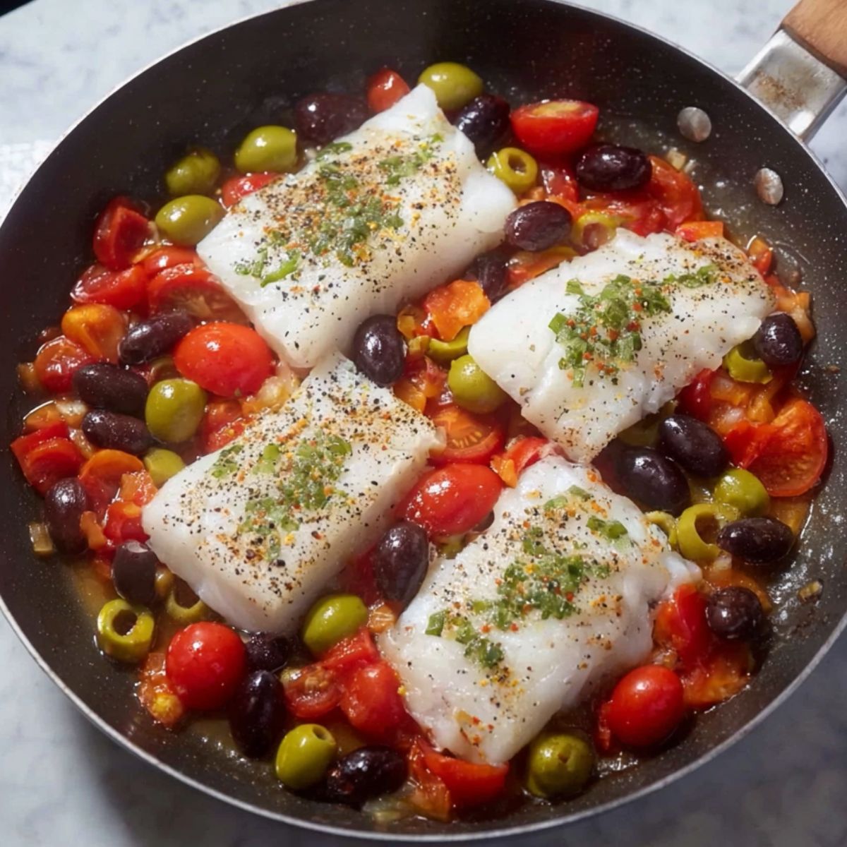 Best Mediterranean Cod Recipe 12 Four cod fillets placed in a skillet with the sautéed cherry tomatoes, and a mix of sliced black and green olives, ready to cook.