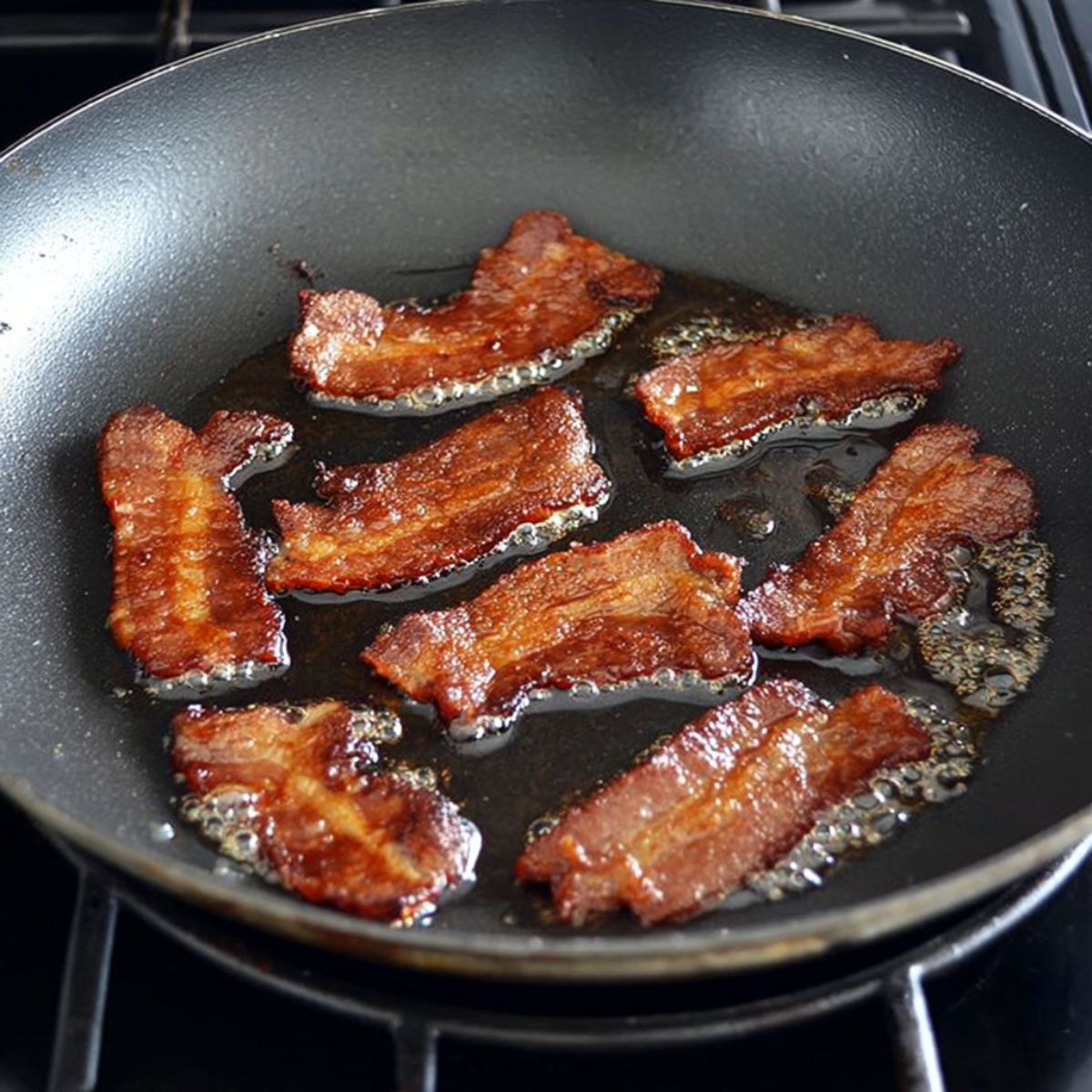 Easy Monterey Chicken Skillet Recipe 11 A frying pan with crispy, browned bacon slices cooking in their rendered grease.