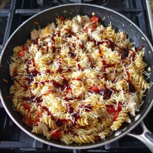 Easy Monterey Chicken Skillet Recipe 16 A skillet on a stovetop filled with cooked rotini pasta, diced tomatoes, shredded chicken, and shredded cheese, with BBQ sauce drizzled on top.
