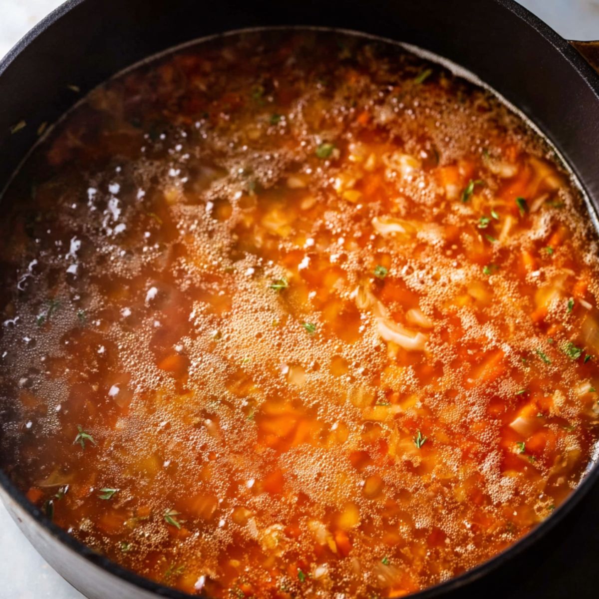 Easy Olive Garden Zuppa Toscana Soup Recipe 12 Close-up of the same black pot with soup, showing the orange-red broth bubbling and simmering.