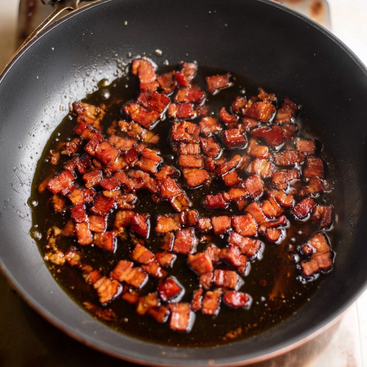 Easy Olive Garden Zuppa Toscana Soup Recipe 10 Pan with small, crispy, browned diced bacon pieces cooking in oil.