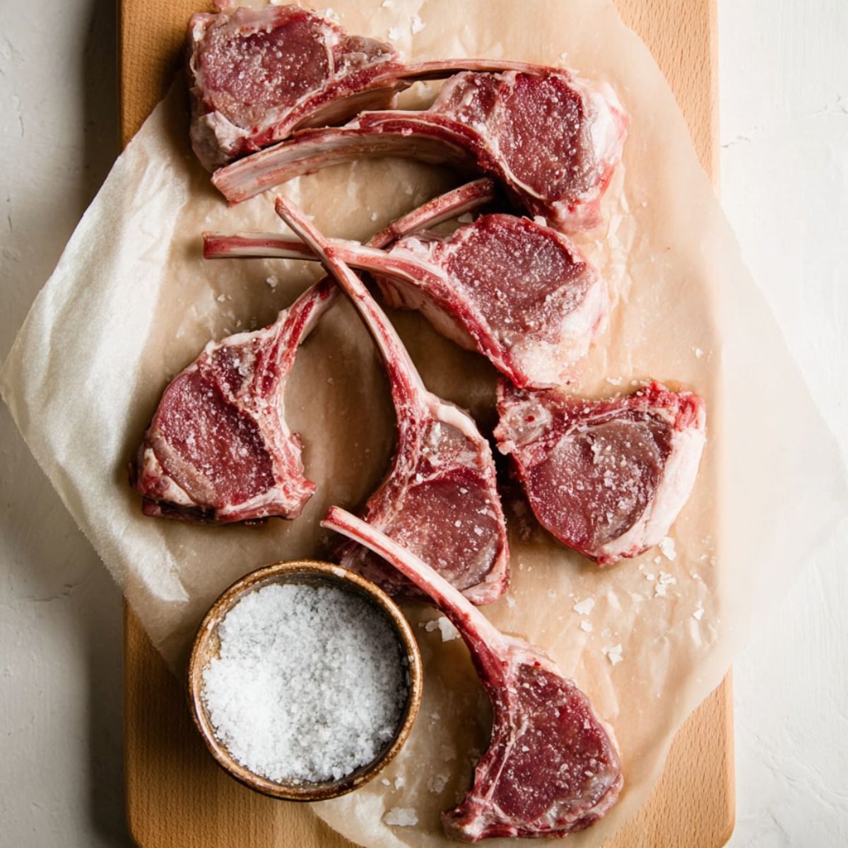 The Best Pan-Seared Lamb Chops Recipe 11 Several raw lamb chops arranged on a light-colored cutting board with a small bowl of coarse salt beside them, photographed from above.