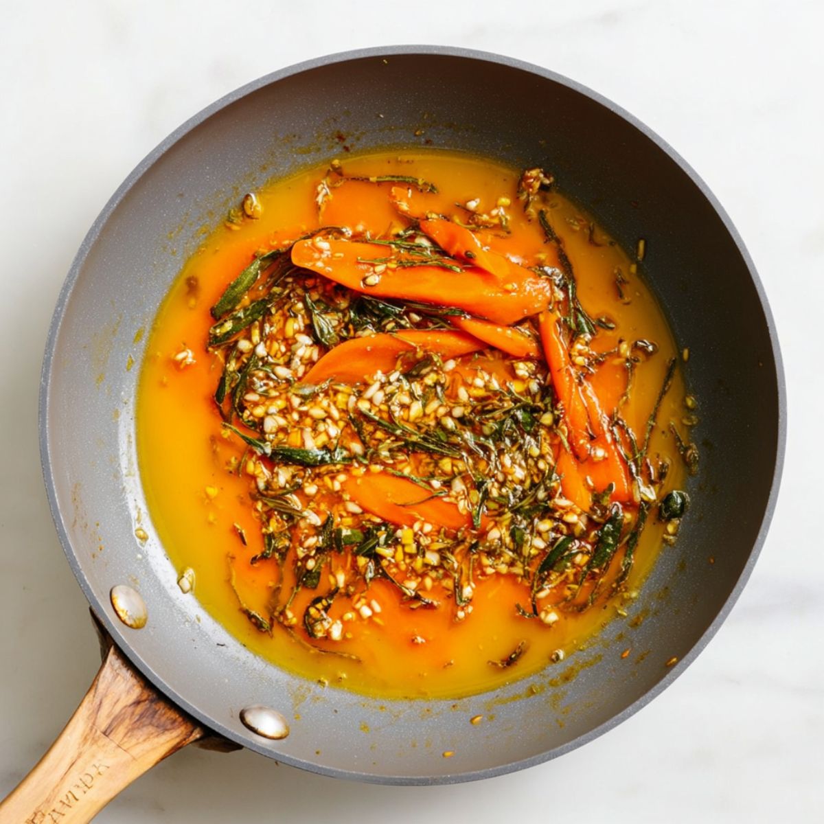 The Best Pan-Seared Lamb Chops Recipe 13 A gray frying pan with a bright orange sauce containing minced garlic and fresh herbs, along with carrot strips, being cooked on a white countertop.