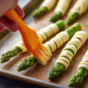 Easy Parmesan Asparagus Pastry Twists Recipe 15 A hand holding an orange silicone brush applies an egg wash or butter over uncooked puff pastry-wrapped asparagus on a baking sheet.