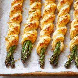 Easy Parmesan Asparagus Pastry Twists Recipe 16 A close-up view of several baked asparagus spears wrapped in puff pastry, with the pastry golden and slightly crispy, arranged neatly on a parchment-lined baking sheet.