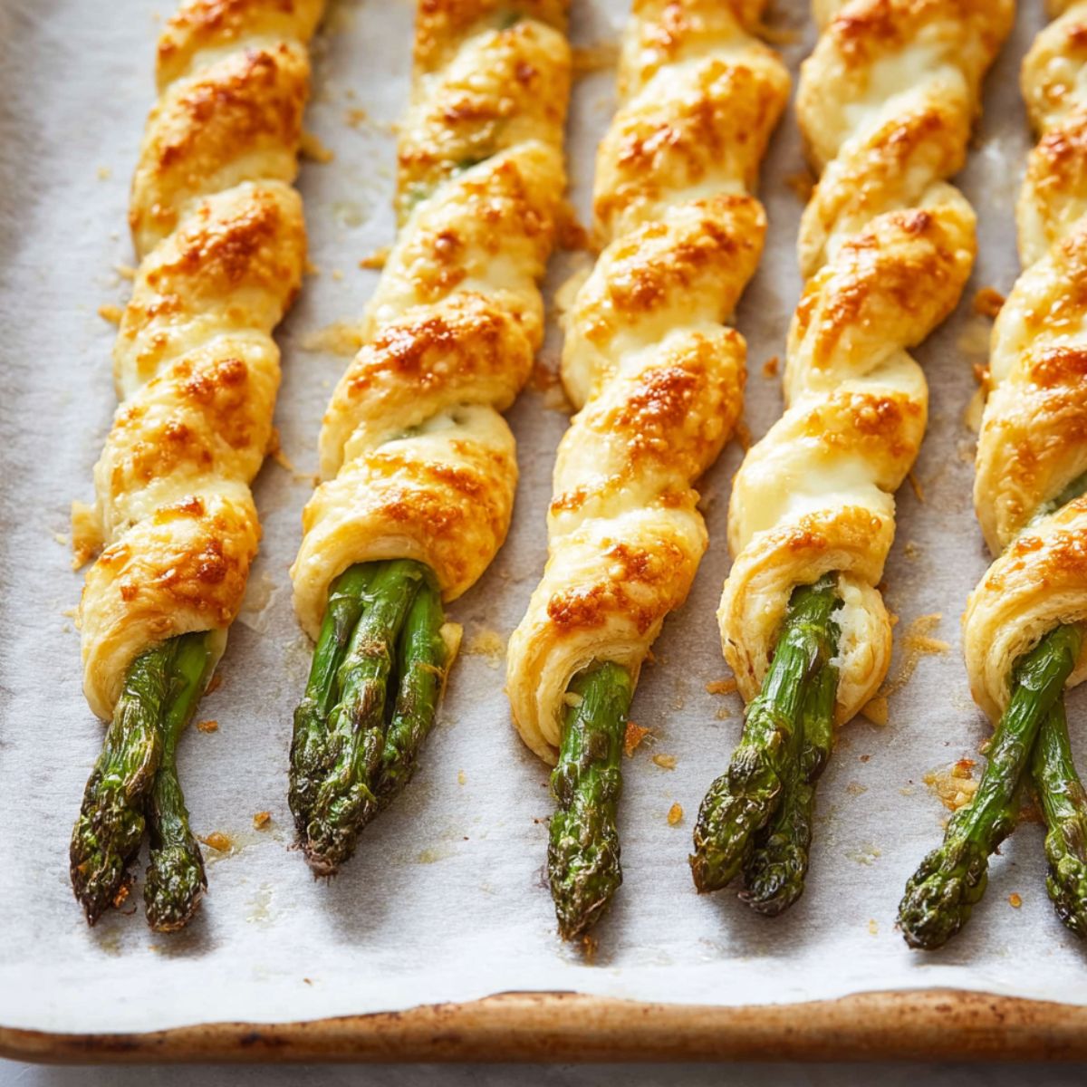 Easy Parmesan Asparagus Pastry Twists Recipe 12 A close-up view of several baked asparagus spears wrapped in puff pastry, with the pastry golden and slightly crispy, arranged neatly on a parchment-lined baking sheet.