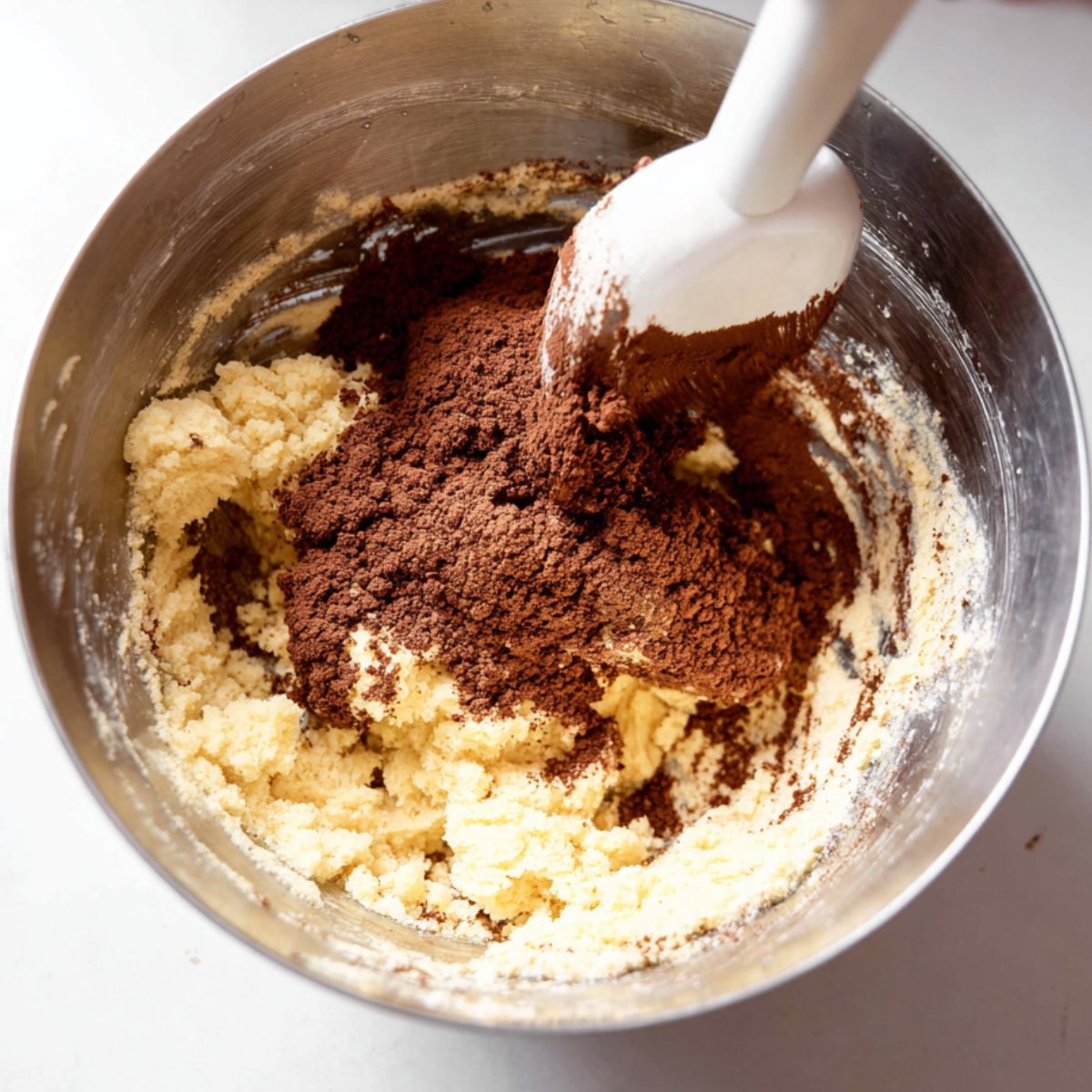 The Best Pinwheel Cookies Recipe 10 Mixing bowl with vanilla cookie dough and cocoa powder being incorporated to make the chocolate dough.
