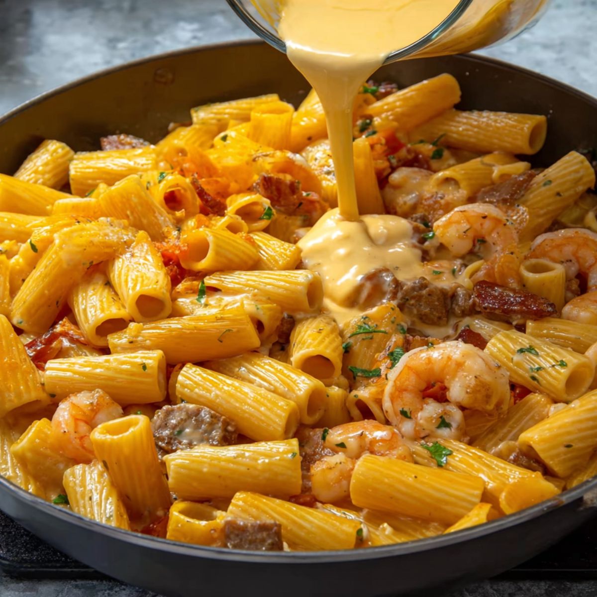 Delicious Prawn And Chorizo Pasta Recipe 13 Rigatoni pasta, shrimp, and chorizo being mixed in a large pan with creamy sauce being poured in.