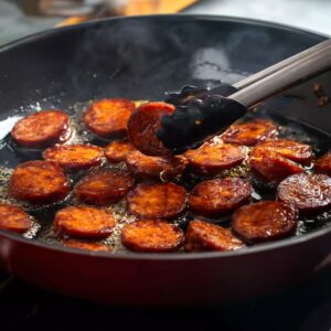 Delicious Prawn And Chorizo Pasta Recipe 15 Sliced chorizo cooking in a black pan, being turned with tongs, sizzling in its own oil.