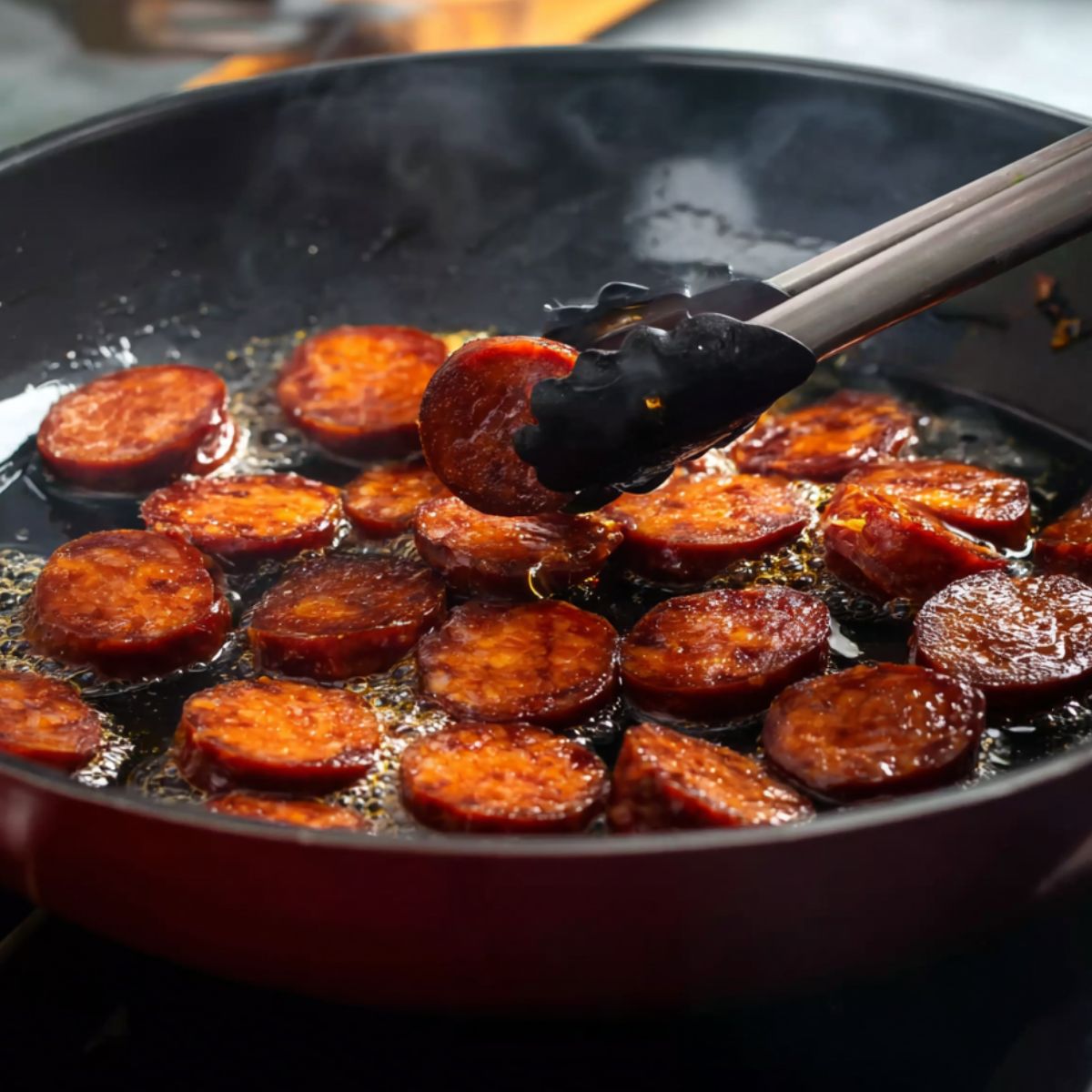 Delicious Prawn And Chorizo Pasta Recipe 10 Sliced chorizo cooking in a black pan, being turned with tongs, sizzling in its own oil.