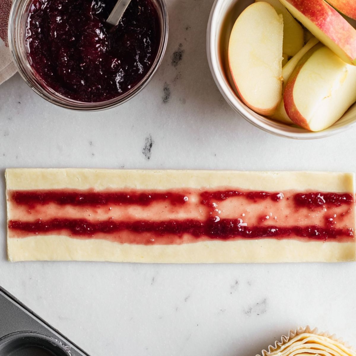 Delicious Puff Pastry Apple Roses Recipe 11 A strip of puff pastry brushed with berry jam, prepared for rolling into a rose shape, with a bowl of apple slices and a muffin tin visible above.