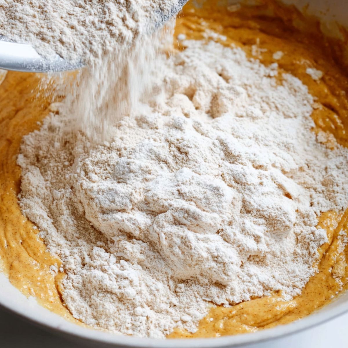 The Best Pumpkin Cranberry Muffins 11 Dry flour being sifted into pumpkin muffin batter, demonstrating the step in preparing the dough for baking