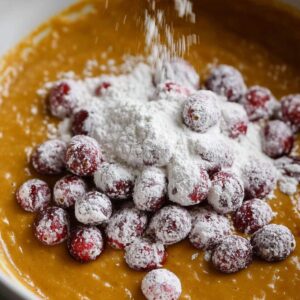 The Best Pumpkin Cranberry Muffins 17 A close-up of flour-coated cranberries being mixed into pumpkin muffin batter, preparing for a delicious fall treat.