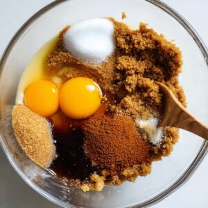 The Best Pumpkin Cranberry Muffins 15 A mixture of eggs, brown sugar, vanilla extract, and other ingredients in a bowl, prepared for making pumpkin muffins.