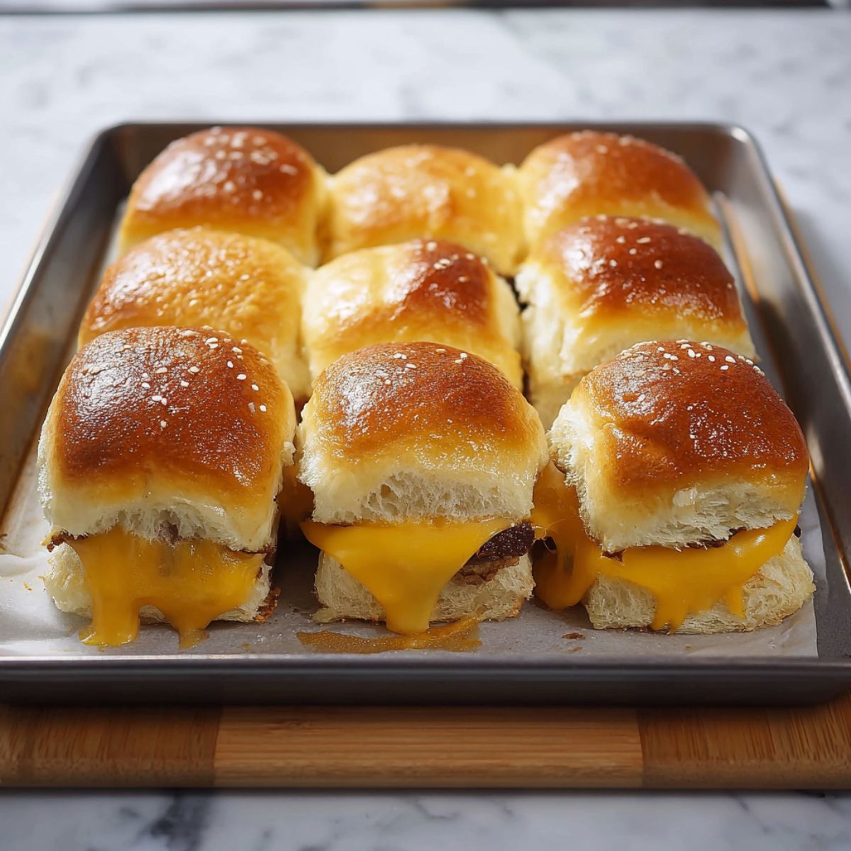 Easy Homemade Sliders Recipe 13 The sliders are freshly baked, with melty cheddar cheese dripping out of the soft buns.