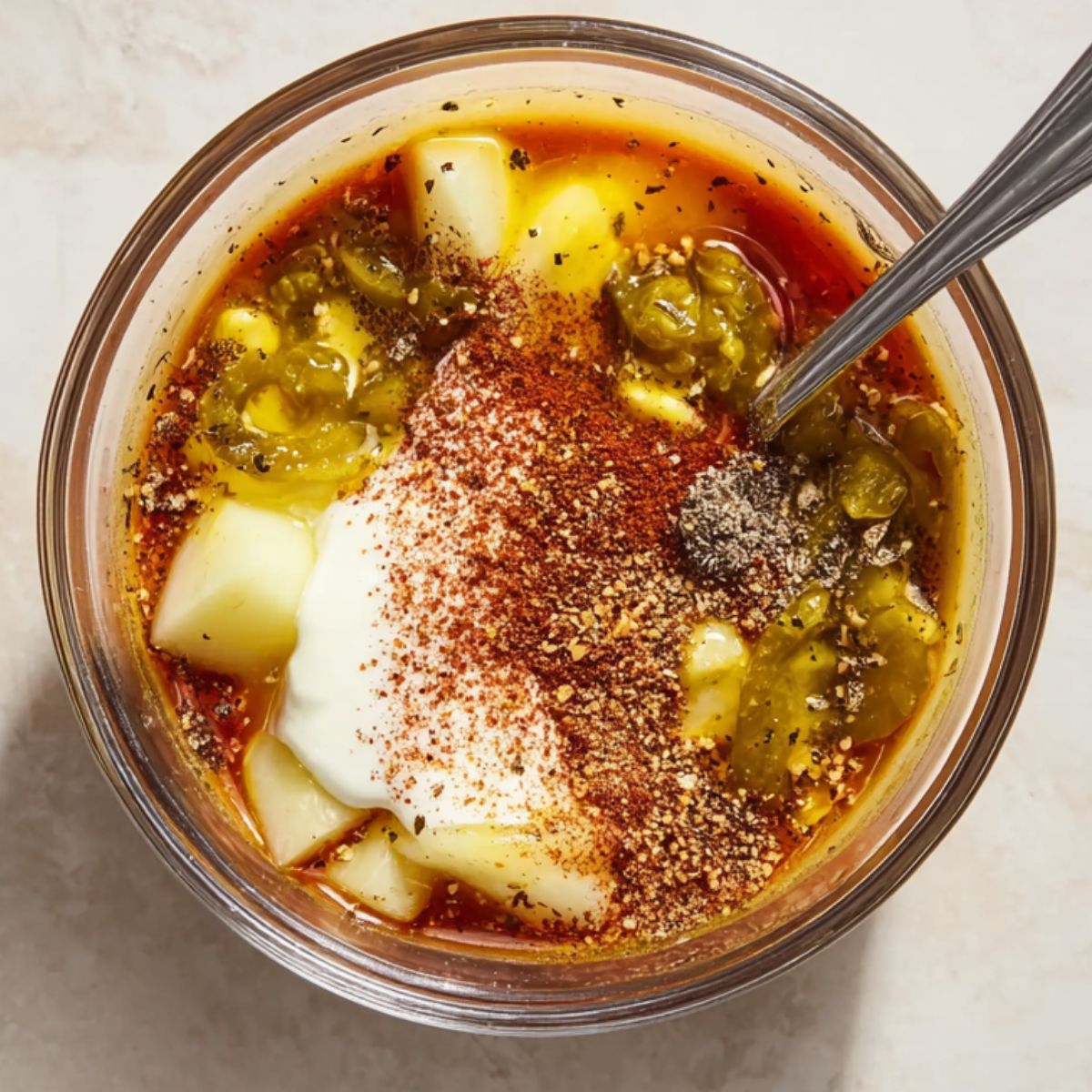 Healthy Southern Potato Salad Recipe 12 A bowl of tangy dressing with mustard, pickles, and spices, ready to coat a delicious potato salad