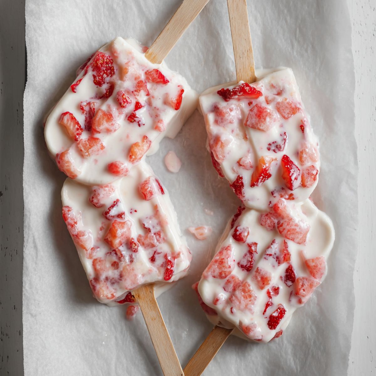 Healthy Strawberry Yogurt Clusters Recipe 11 Top-down view of two homemade strawberry yogurt popsicles on wooden sticks, drizzled with dark chocolate and sprinkled with coconut flakes, on white parchment paper.