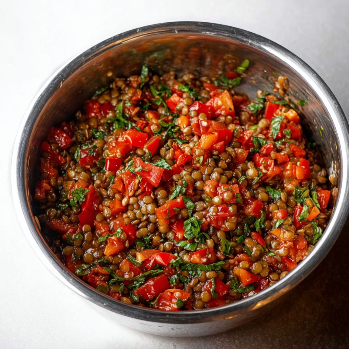 Delicious Stuffed Onions Recipe 12 A silver pot filled with cooked lentils mixed with fresh diced tomatoes and herbs. The lentils have absorbed the flavors of the tomatoes, creating a colorful and wholesome dish.
