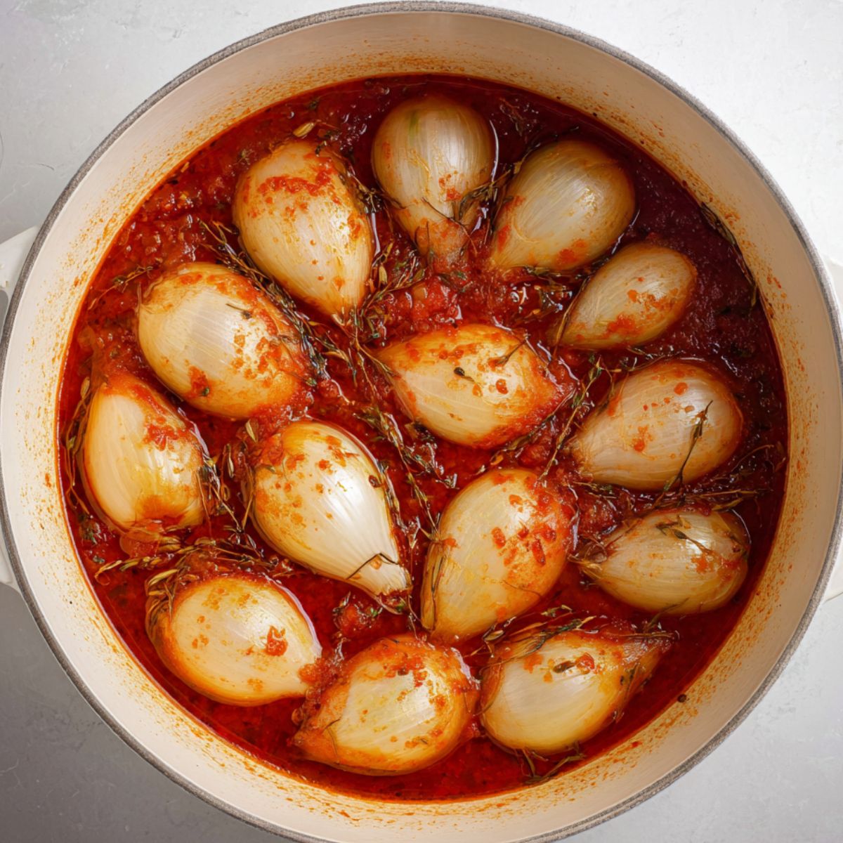 Delicious Stuffed Onions Recipe 13 A white pot filled with whole shallots simmering in a savory tomato-based sauce. The onions are tender and surrounded by a rich, flavorful broth, ready for the next steps of cooking
