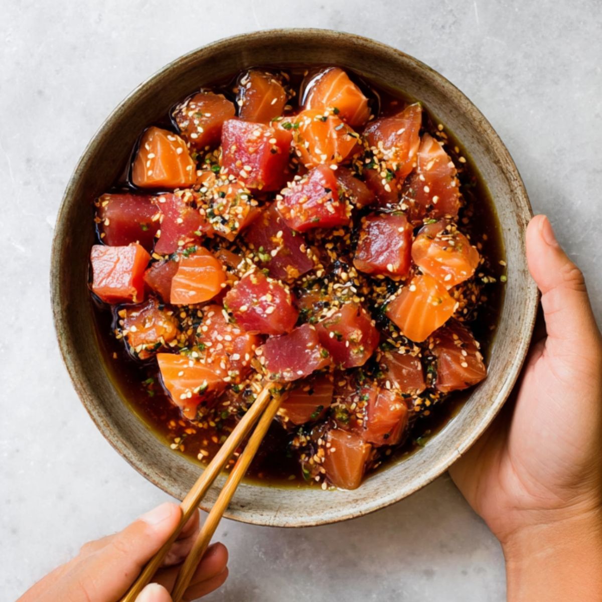 Delicious Sushi Poke Bowls Recipe 11 A top-down view of a bowl filled with cubed raw salmon and tuna, tossed in a soy-based sauce with sesame seeds, being held by one hand while the other hand uses chopsticks to pick up pieces.