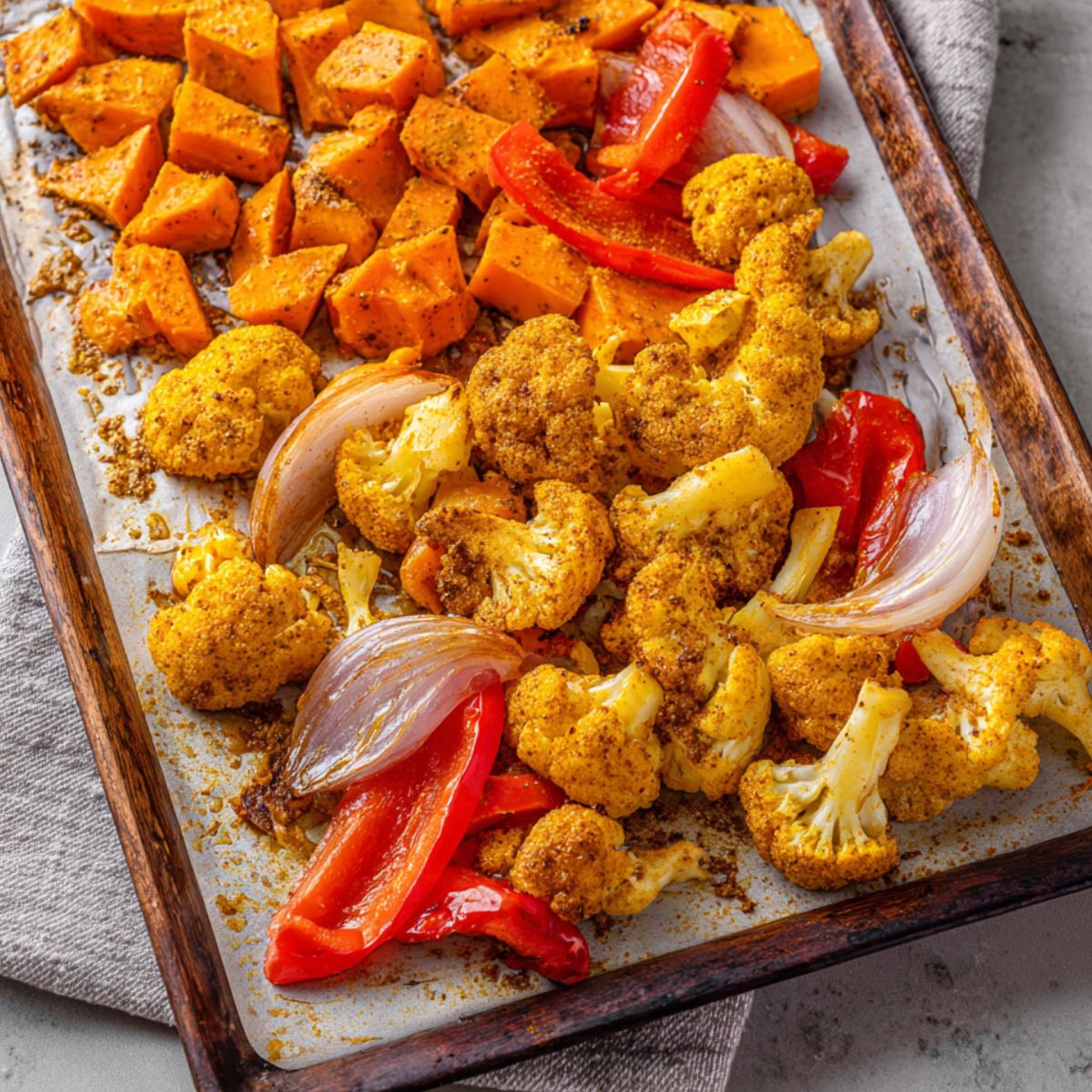 Easy Sweet Potato Cauliflower Soup Recipe 10 A baking sheet with roasted vegetables including sweet potatoes, cauliflower, and bell peppers, all seasoned with curry powder and ready to be roasted to perfection.