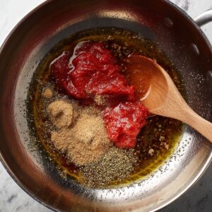 Easy Tomato Herb Soup Recipe 15 A close-up of tomato paste and brown sugar in a pan, ready to enhance the flavor of a homemade tomato soup.