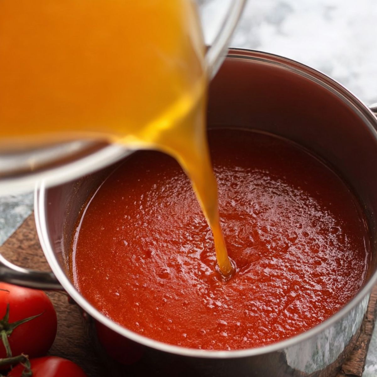 Easy Tomato Herb Soup Recipe 12 A pot with a smooth tomato base being poured with vegetable broth, perfect for making a rich tomato soup.