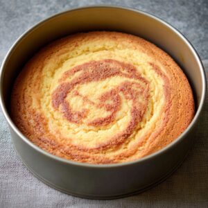 The Best Vegan Strawberry Shortcake Cake 16 A golden sponge cake freshly baked in a round pan, with a slightly swirled surface showing the even texture of the cake.