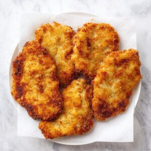 Chicken breasts laid out on a tray, seasoned with salt and pepper, ready to be dredged and fried.