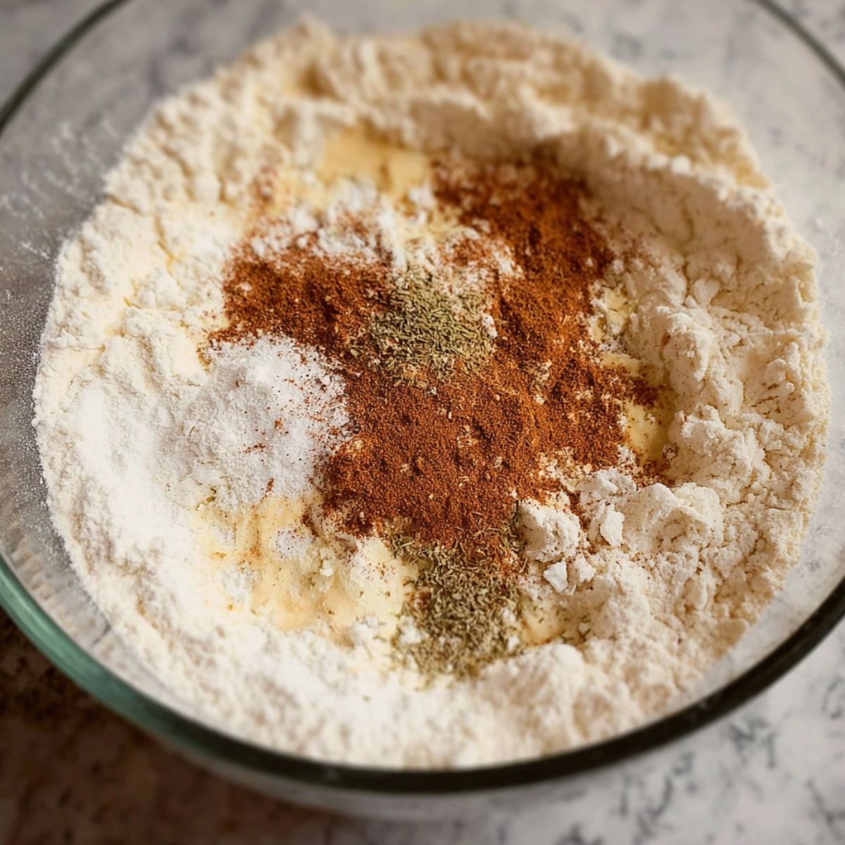 Delicious Chocolate Chunk Banana Muffins Recipe 10 A close-up of flour and spices, likely being added to the batter.