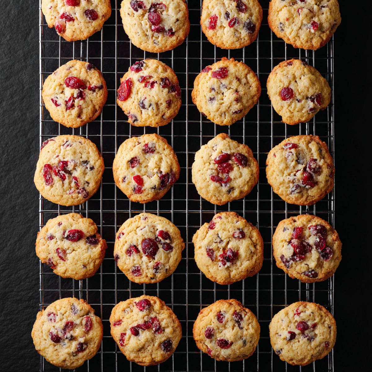 Best Cranberry Cookies Recipe 13 A top-down shot of freshly baked cranberry cookies cooling on a wire rack, showcasing their golden brown edges and vibrant red cranberries scattered throughout.
