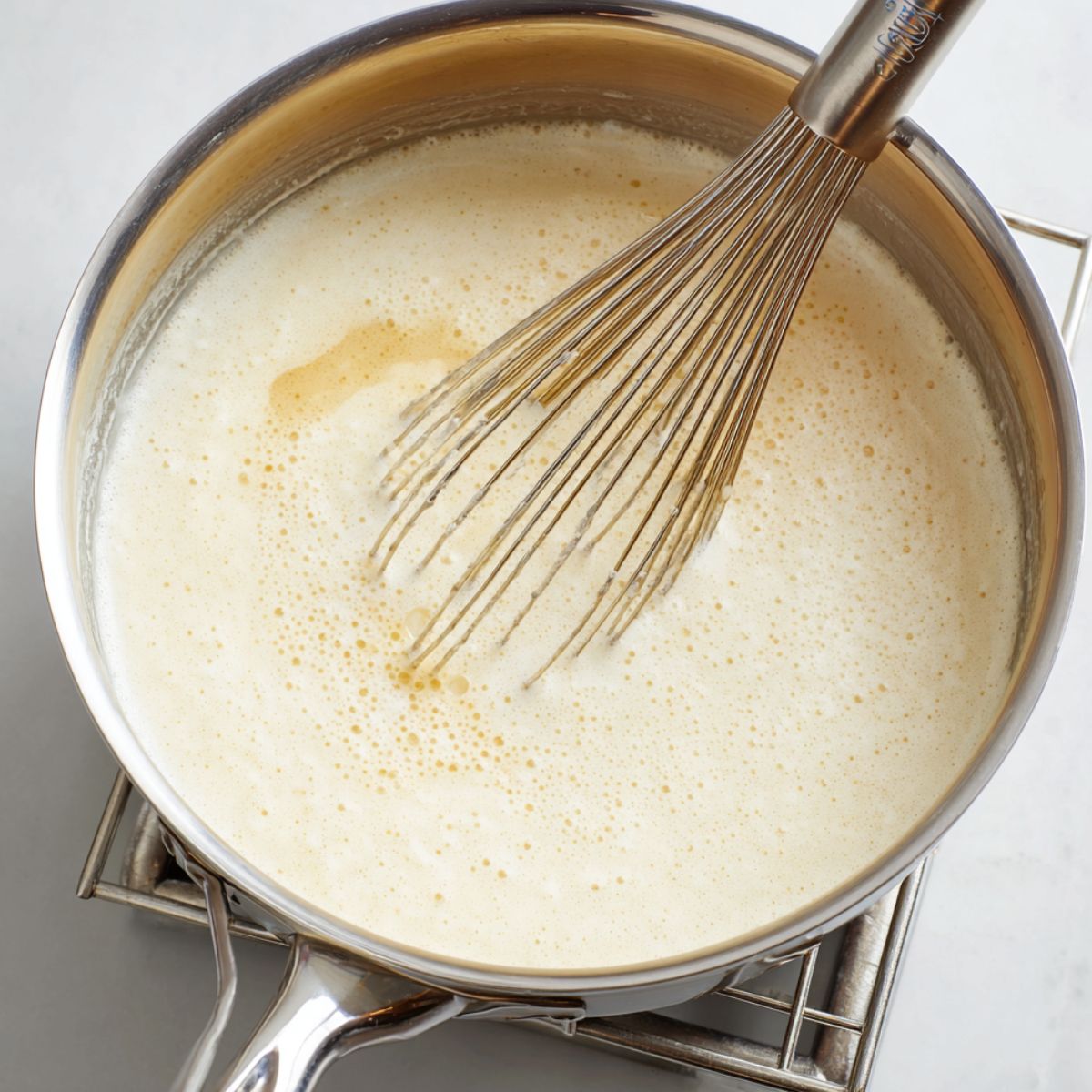 Delicious Creamy Grits Recipe 11 A stainless steel saucepan with a whisk inside, mixing light, frothy grits on a stovetop, capturing the preparation stage.
