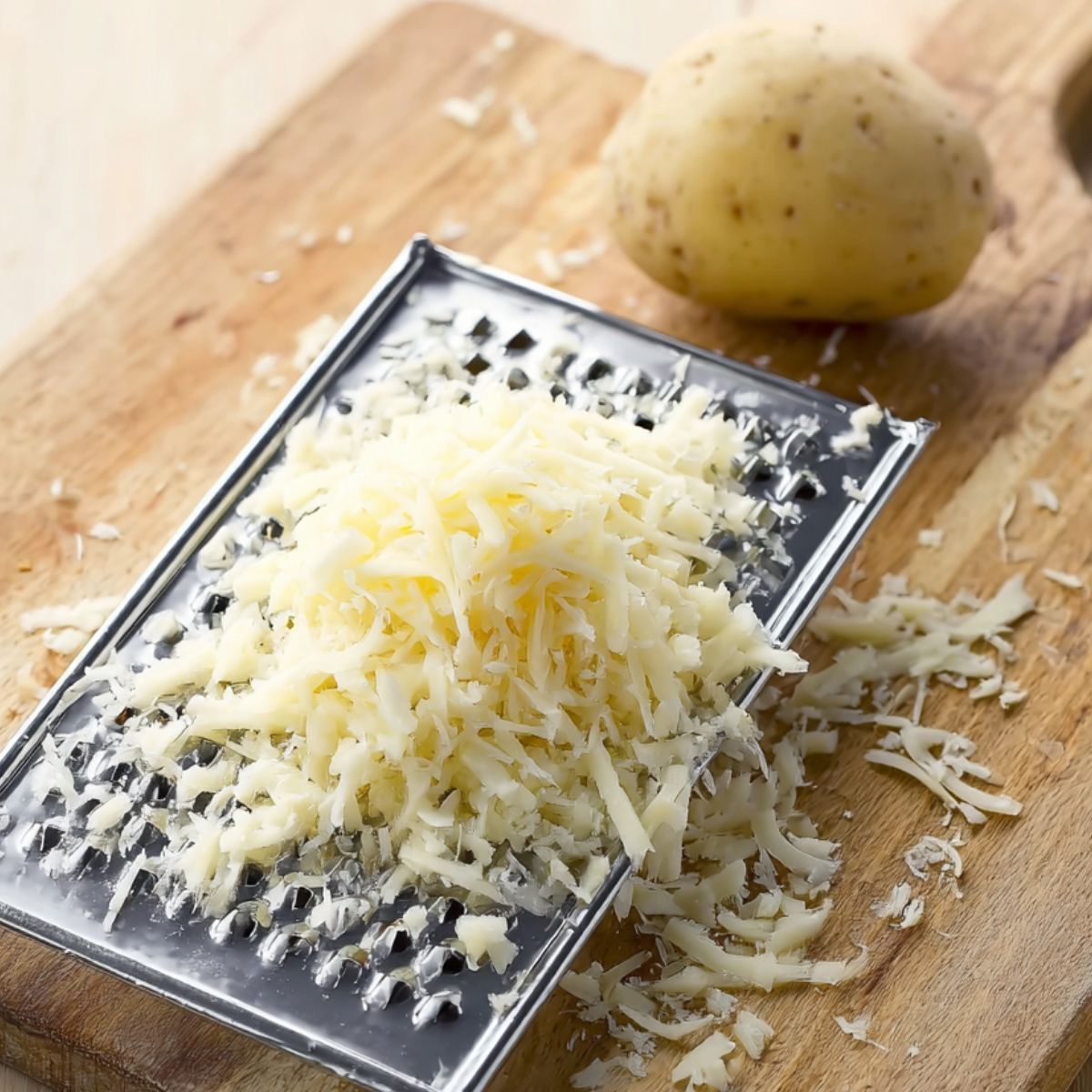 Delicious Crispy Hash Browns Recipe 10 A peeled potato on a metal grater next to a pile of freshly shredded potato, placed on a wooden cutting board, top-down view, bright natural lighting, kitchen food preparation scene, high-resolution, clean and minimalistic composition, focus on texture and detail of potato shreds.