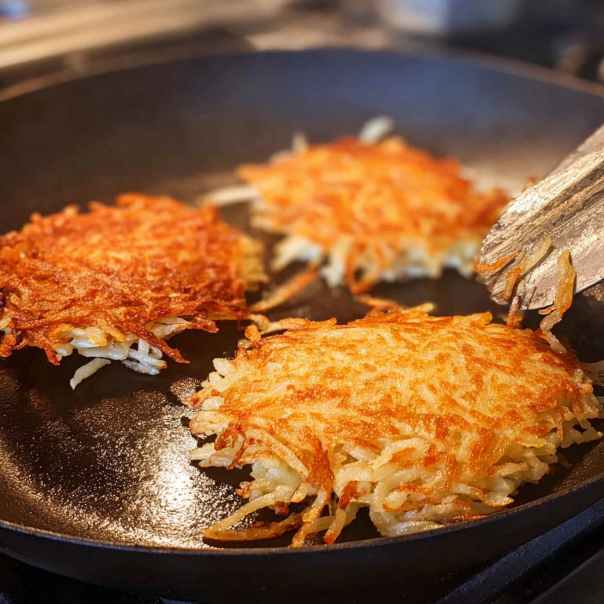 Delicious Crispy Hash Browns Recipe 12 Hash browns cooking in a frying pan, with one golden, crispy patty and another being flipped with a spatula.