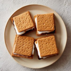 Each s’more has graham crackers, melted chocolate, and marshmallow, slightly oozing at the edges.
