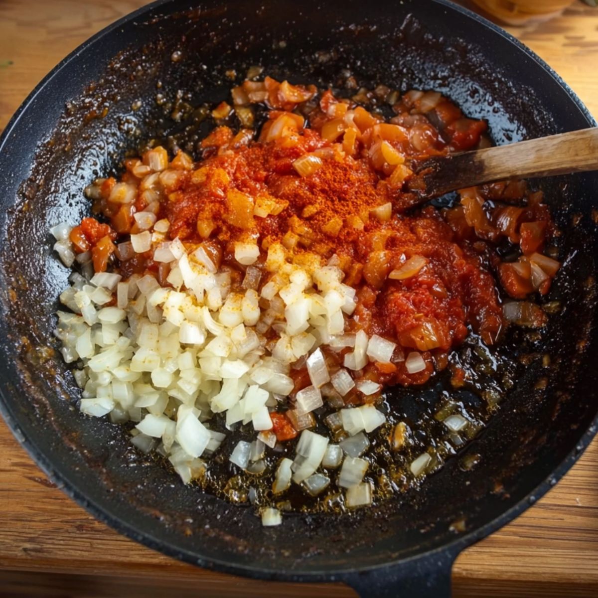 Easy Peri Peri Shrimp Recipe 11 Chopped onions and tomato paste being cooked in a skillet, starting the base of a shrimp sauce.