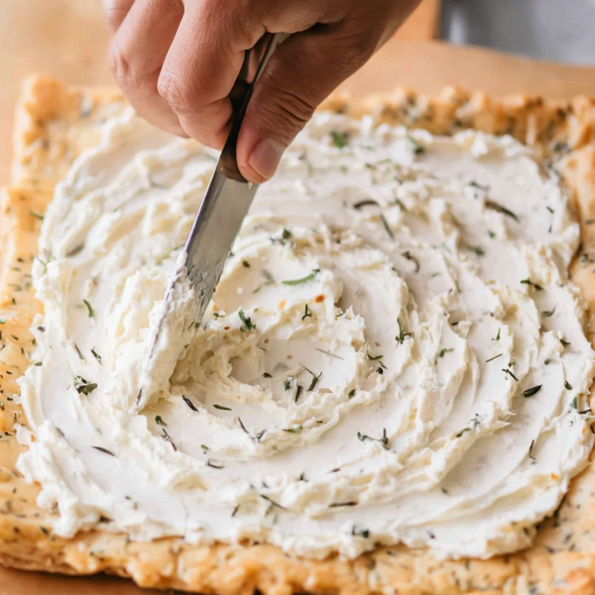 The Best Potato Galette Recipe 12 Close-up of a hand spreading cream cheese over a square, herbed pastry crust.