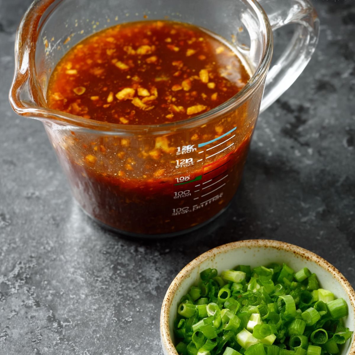 Best Saucy Ramen Noodles Recipe 10 Measuring cup filled with a homemade sauce mixture for ramen, next to a small bowl of chopped green onions.
