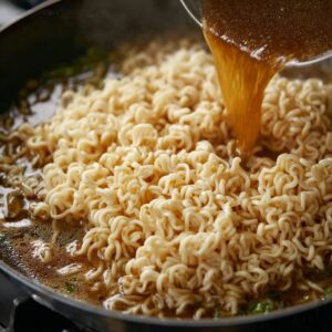 Best Saucy Ramen Noodles Recipe 18 Close-up of cooked ramen noodles being added to a pan with a savory sauce, showing a glossy, rich texture.