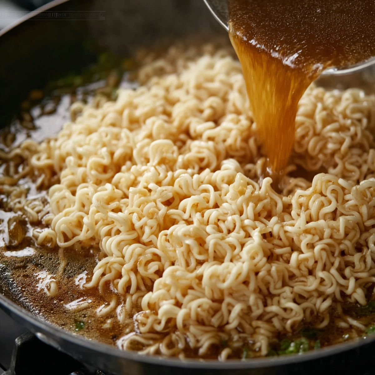 Best Saucy Ramen Noodles Recipe 13 Close-up of cooked ramen noodles being added to a pan with a savory sauce, showing a glossy, rich texture.