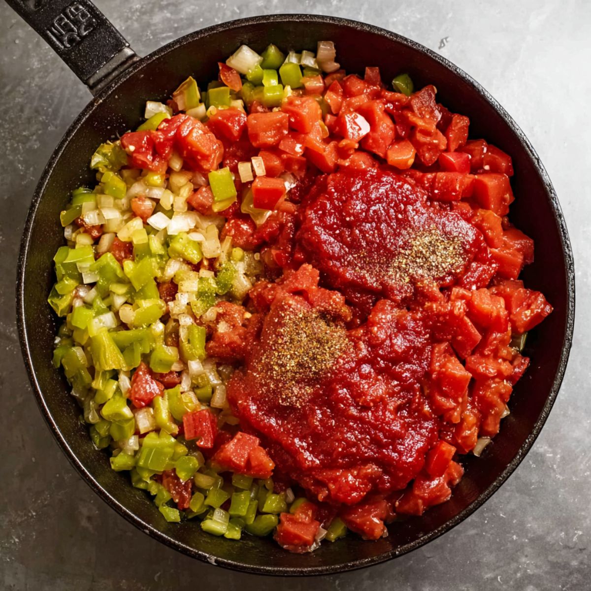 Easy Homemade Shakshuka Recipe 11 Diced tomatoes and tomato paste added to the sautéed vegetables in a skillet, with seasonings visible.
