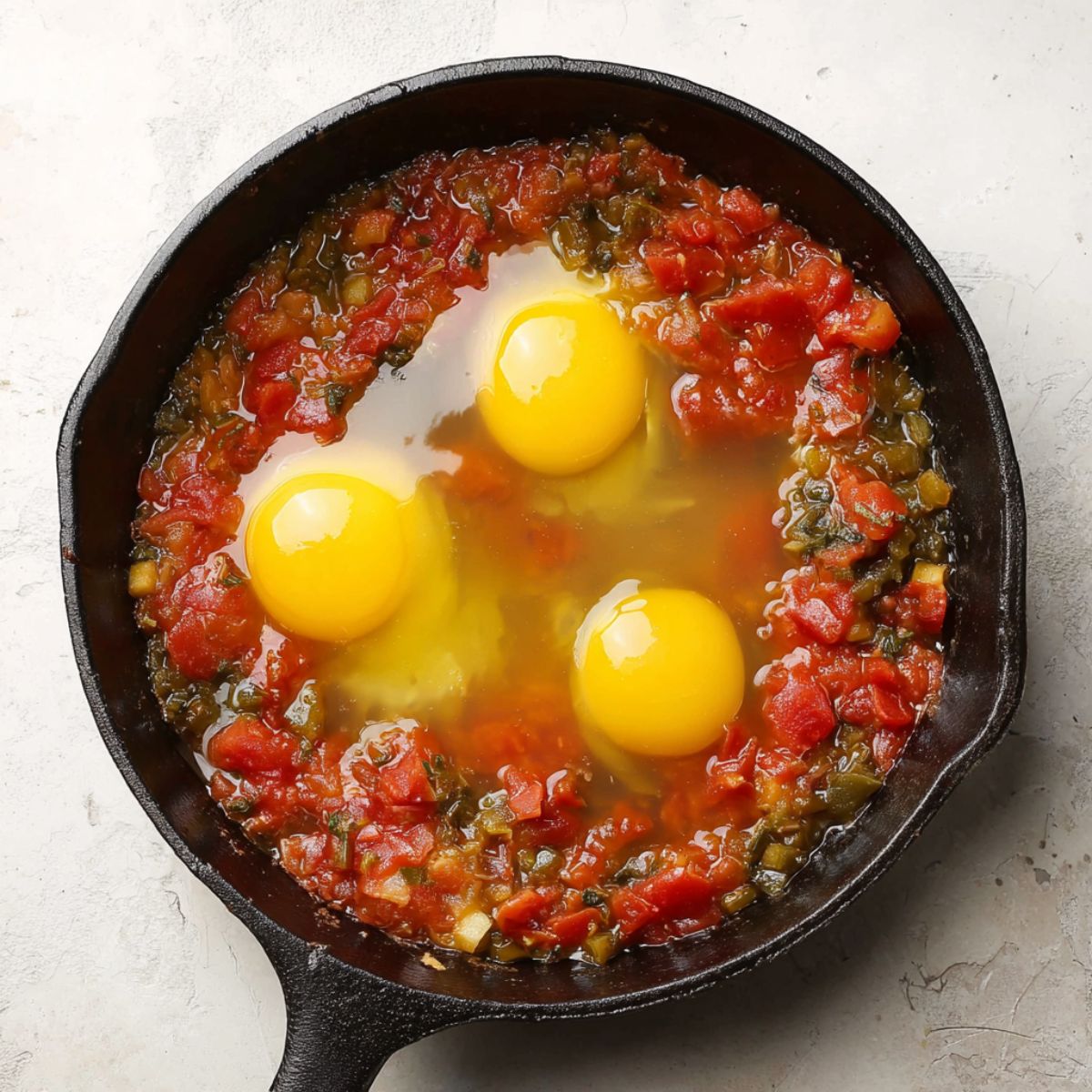 Easy Homemade Shakshuka Recipe 12 Three raw eggs being cracked into the tomato and vegetable mixture in a cast-iron skillet.