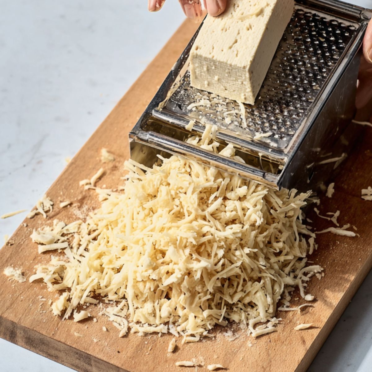 Healthy Shredded Tofu Wraps Recipe 10 A hand grating a block of firm tofu on a box grater over a cutting board, creating shredded tofu pieces.