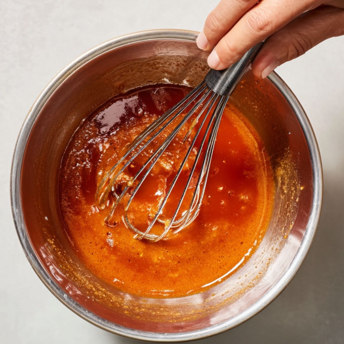 Healthy Shredded Tofu Wraps Recipe 11 Close-up of a hand whisking a bowl of reddish buffalo sauce, likely for coating tofu, on a light-colored countertop.