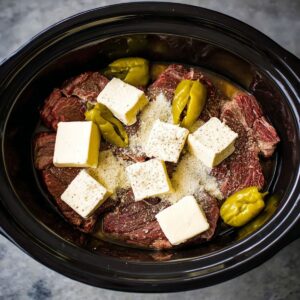 Best Mississippi Pot Roast Recipe 15 Beef chuck roast in a slow cooker topped with butter cubes, dry seasoning, and whole pepperoncini peppers